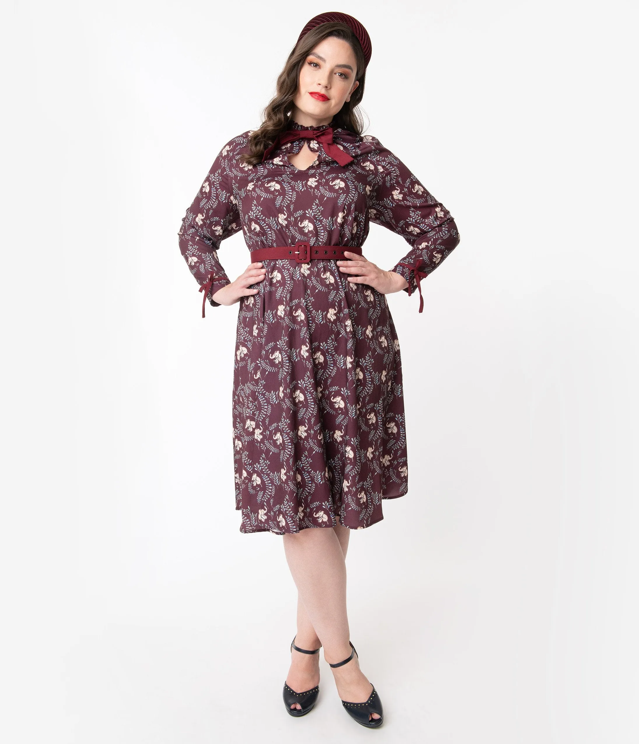 Unique Vintage Plus Size 1950s Burgundy Elephant Print Vandella Swing Dress