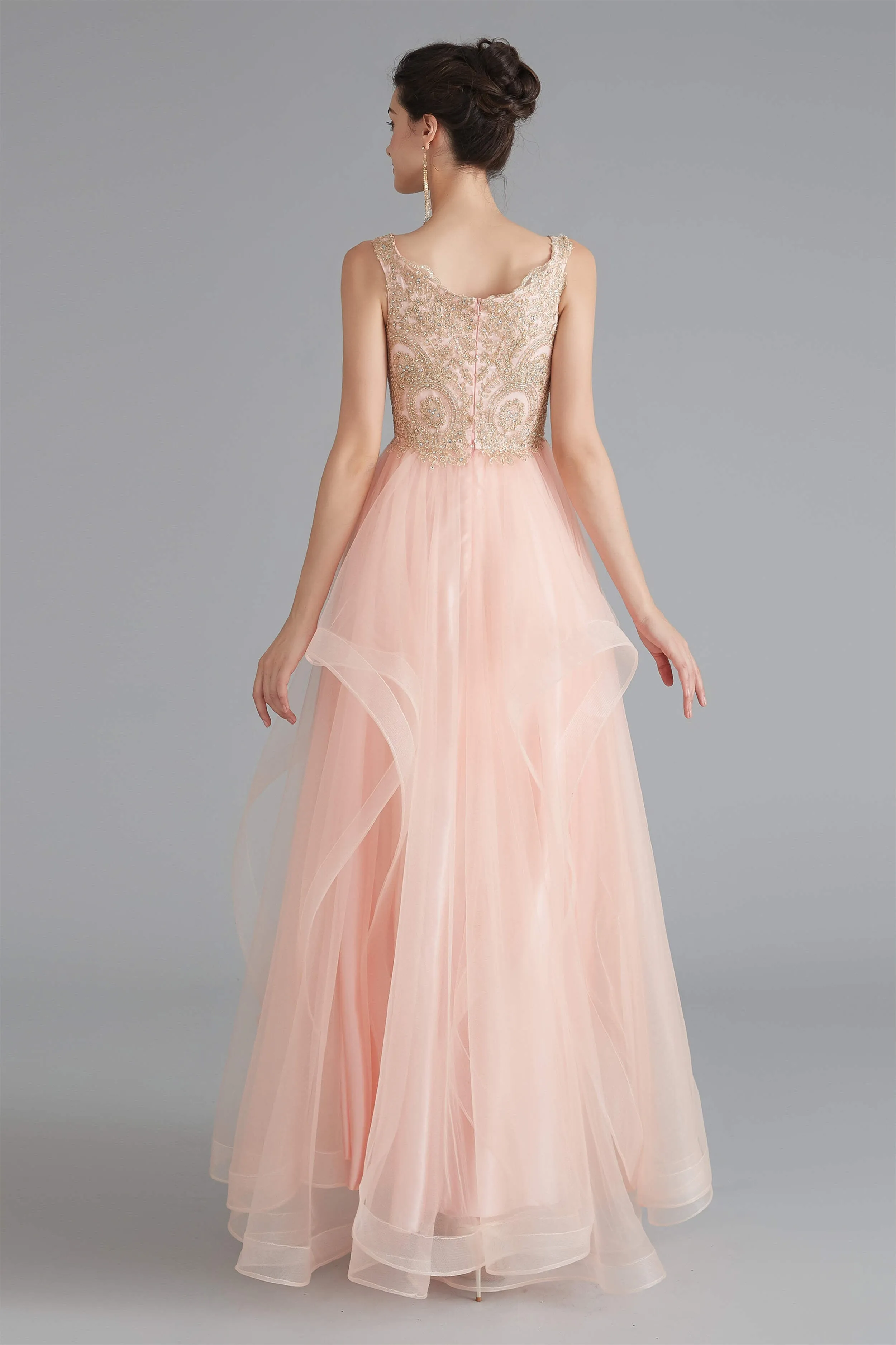 V-Neck Beaded Applique Asymmetrical Sleeveless Tulle Prom Dresses