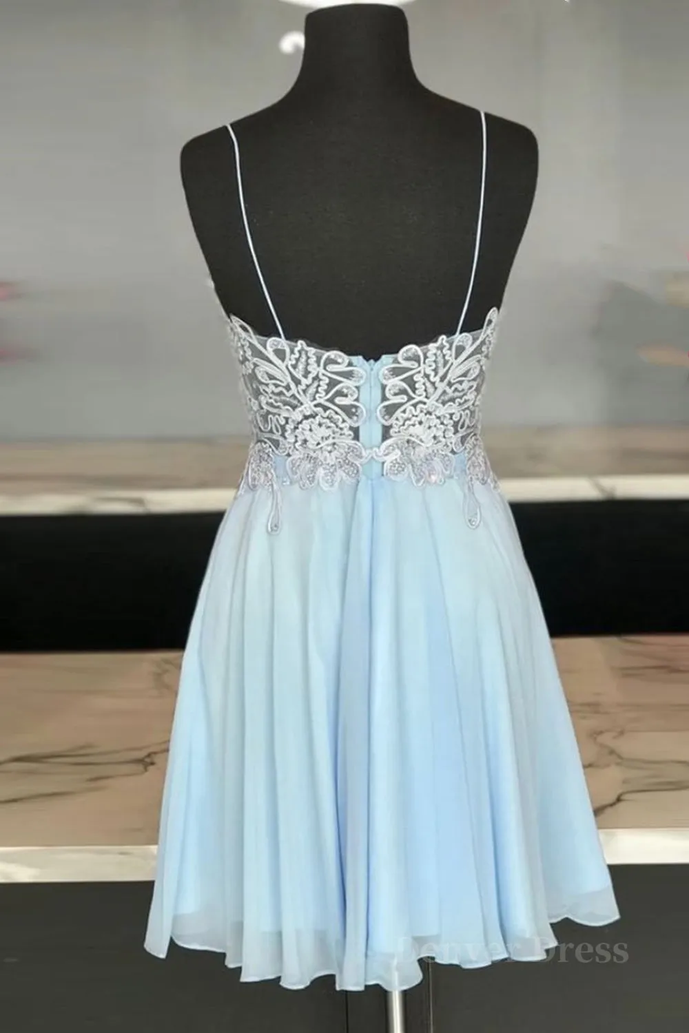 V Neck Open Back Blue Lace Short Prom Dresses, Blue Lace Homecoming Dresses, Short Blue Formal Evening Dresses