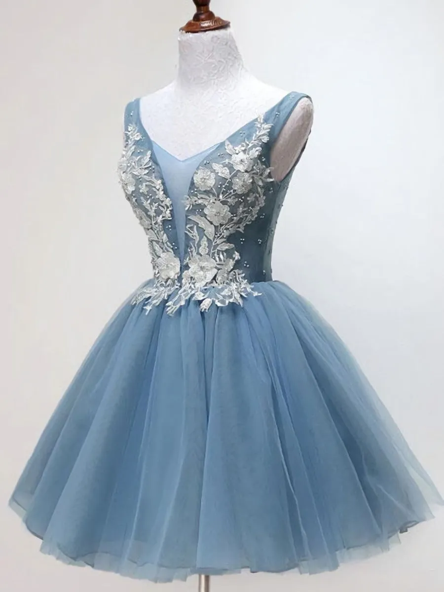 V Neck Short Blue Lace Prom Dresses, Short Blue Lace Graduation Homecoming Dresses