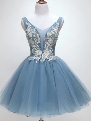 V Neck Short Blue Lace Prom Dresses, Short Blue Lace Graduation Homecoming Dresses