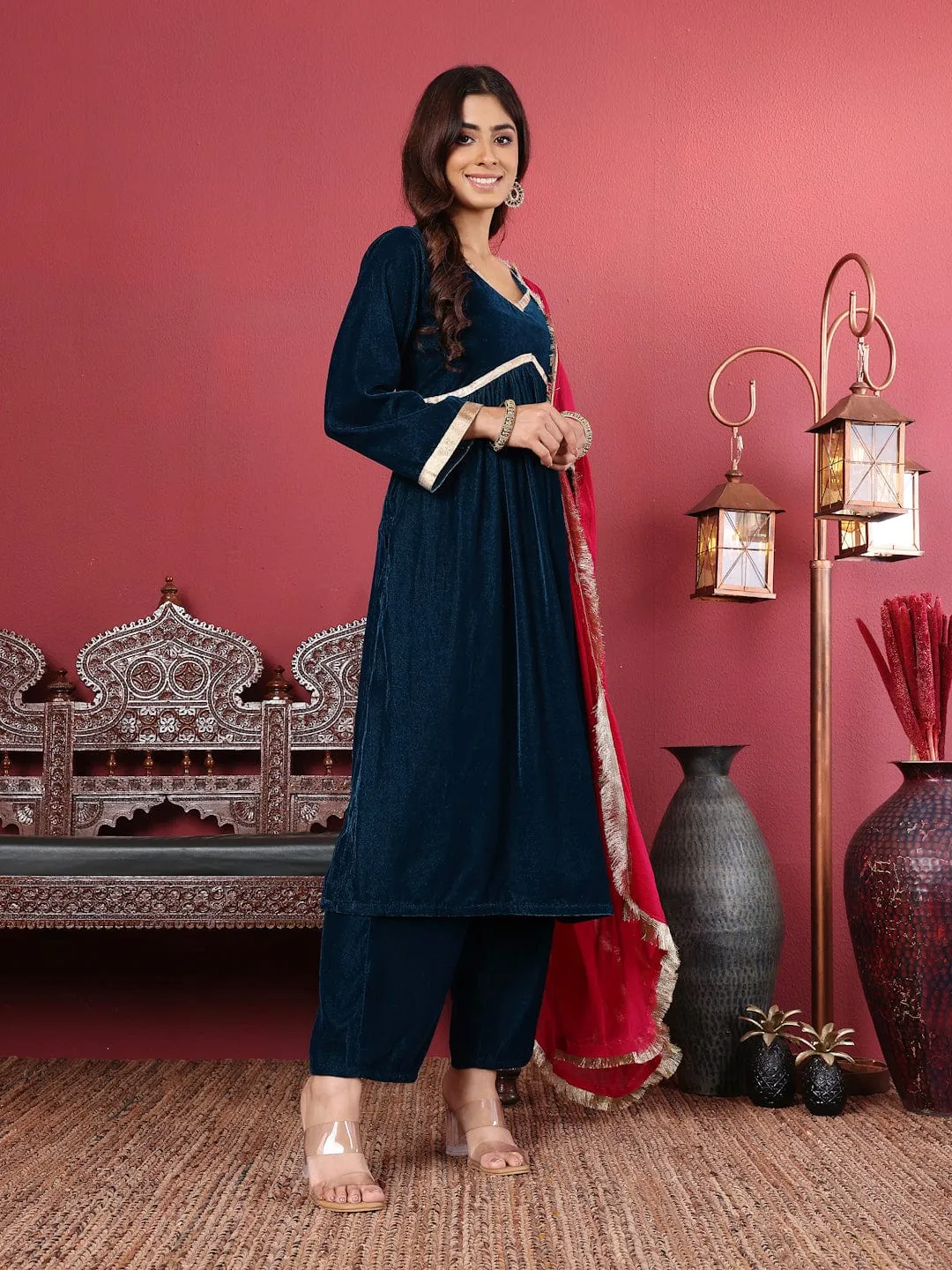 Varanga Women Blue V-Neck Gathered Details Flared Sleeves A-Line Kurta Paired with Bottom and Tonal Dupatta