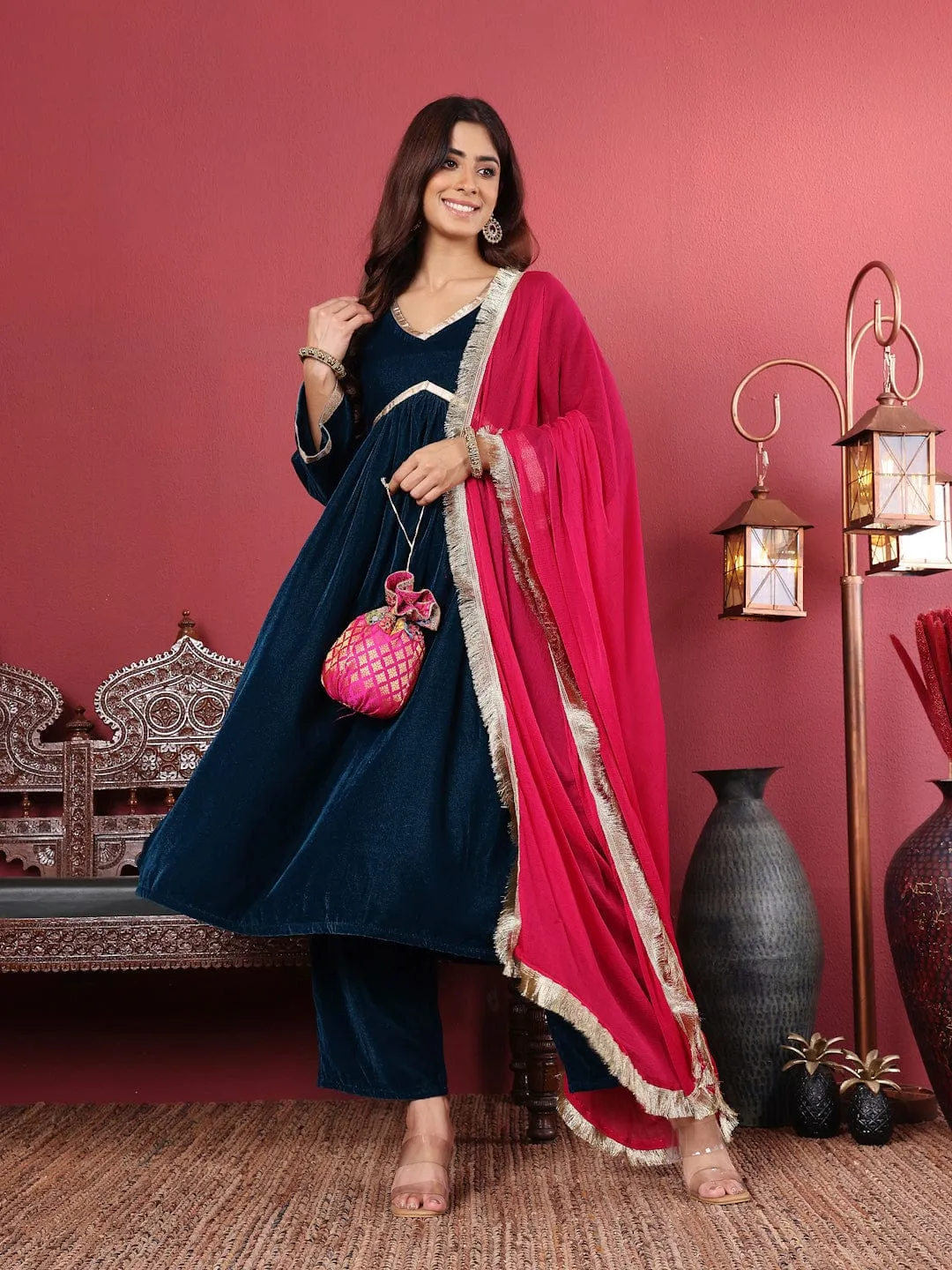 Varanga Women Blue V-Neck Gathered Details Flared Sleeves A-Line Kurta Paired with Bottom and Tonal Dupatta