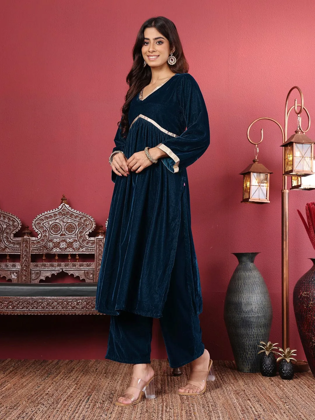 Varanga Women Blue V-Neck Gathered Details Flared Sleeves A-Line Kurta Paired with Bottom and Tonal Dupatta