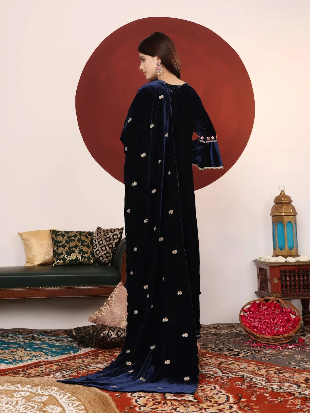 Varanga Women Navy Blue Velvet Zari And Gotta Patti Embroidered Straight Kurta With Trousers And Scalloped Dupatta