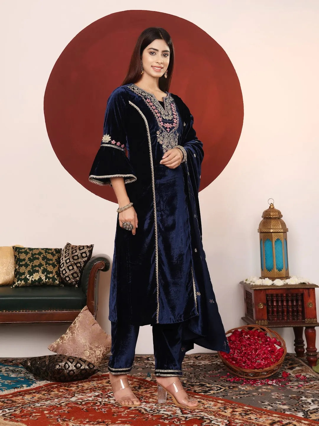 Varanga Women Navy Blue Velvet Zari And Gotta Patti Embroidered Straight Kurta With Trousers And Scalloped Dupatta