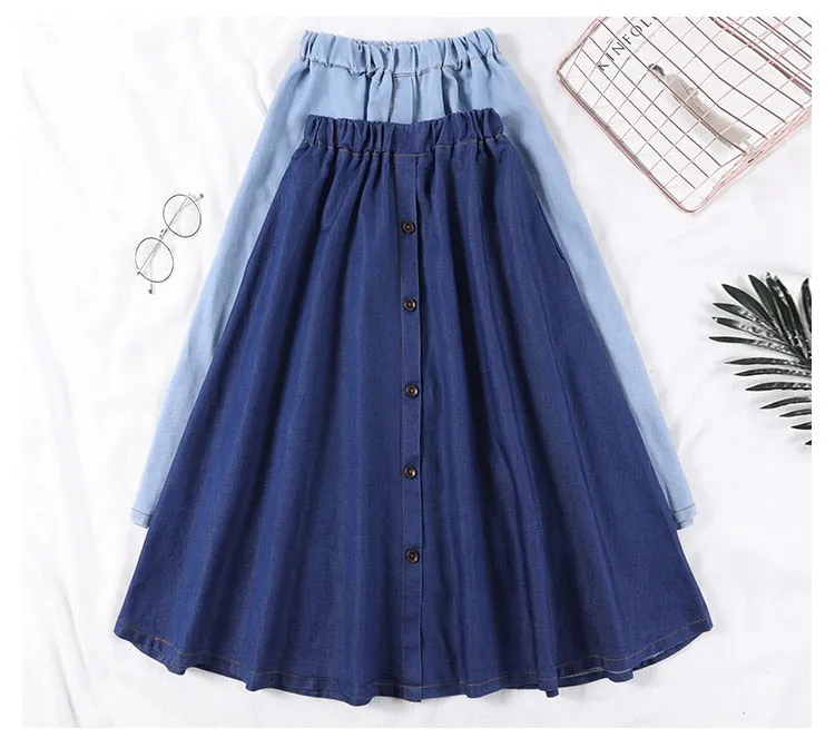 VenusFox Casual Button Solid Color Long Denim Skirt