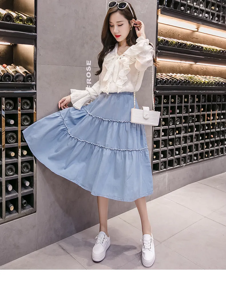 VenusFox Casual Button Solid Color Long Denim Skirt