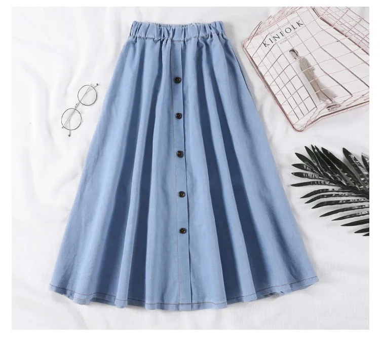 VenusFox Casual Button Solid Color Long Denim Skirt