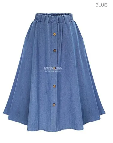 VenusFox Casual Button Solid Color Long Denim Skirt