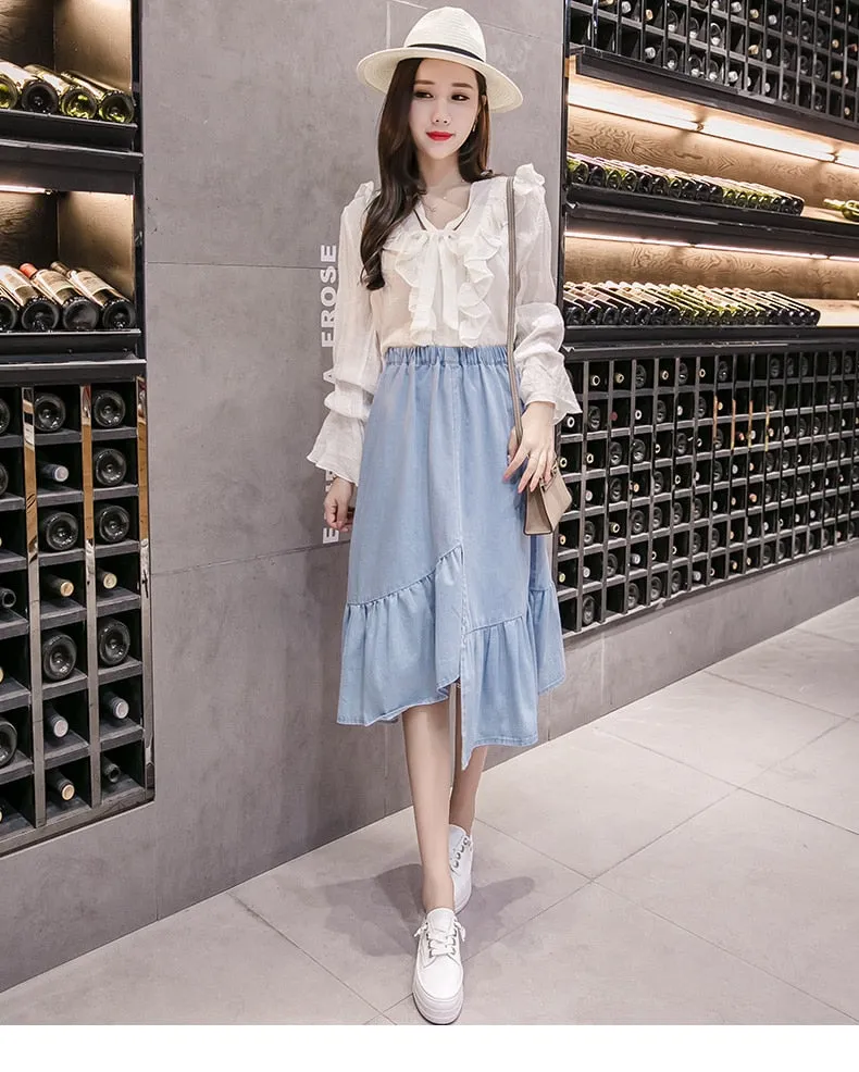 VenusFox Casual Button Solid Color Long Denim Skirt