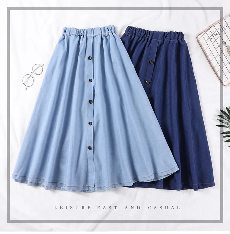 VenusFox Casual Button Solid Color Long Denim Skirt