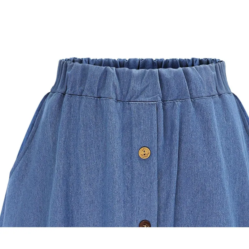 VenusFox Casual Button Solid Color Long Denim Skirt