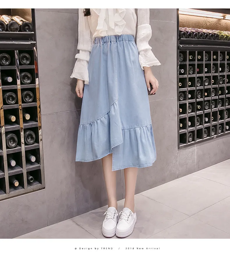 VenusFox Casual Button Solid Color Long Denim Skirt