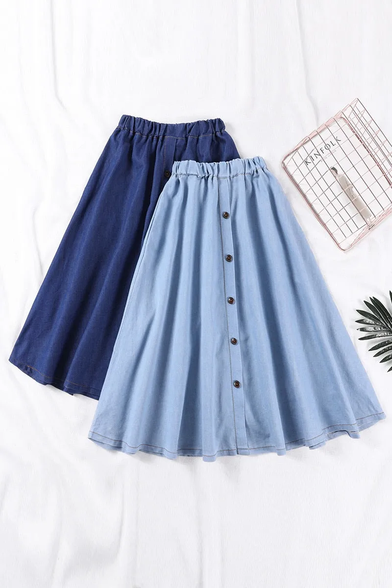 VenusFox Casual Button Solid Color Long Denim Skirt