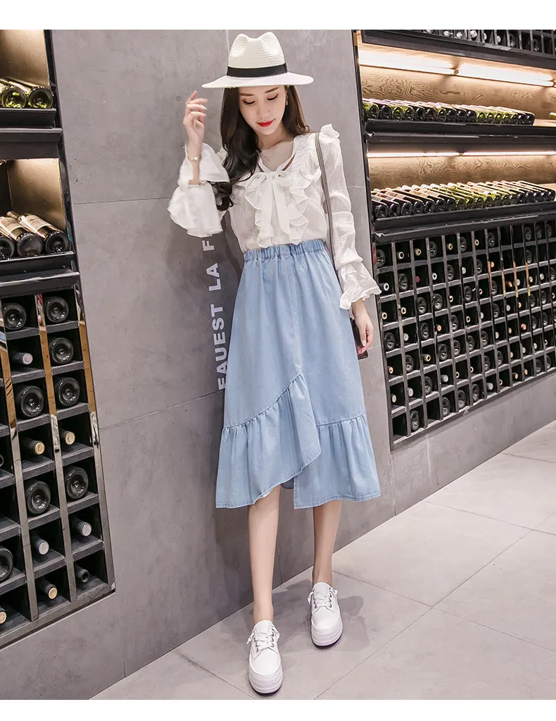 VenusFox Casual Button Solid Color Long Denim Skirt