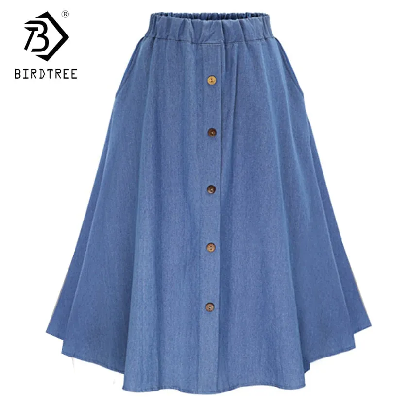 VenusFox Casual Button Solid Color Long Denim Skirt