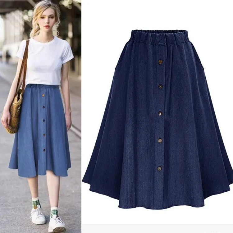 VenusFox Casual Button Solid Color Long Denim Skirt