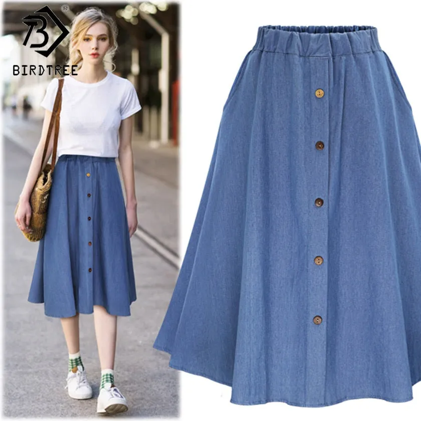 VenusFox Casual Button Solid Color Long Denim Skirt