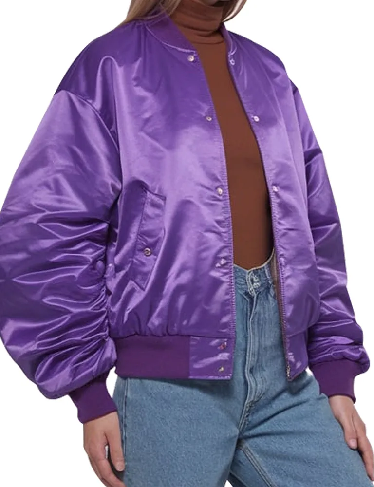 Vibrant Purple Satin Bomber Jacket For Women