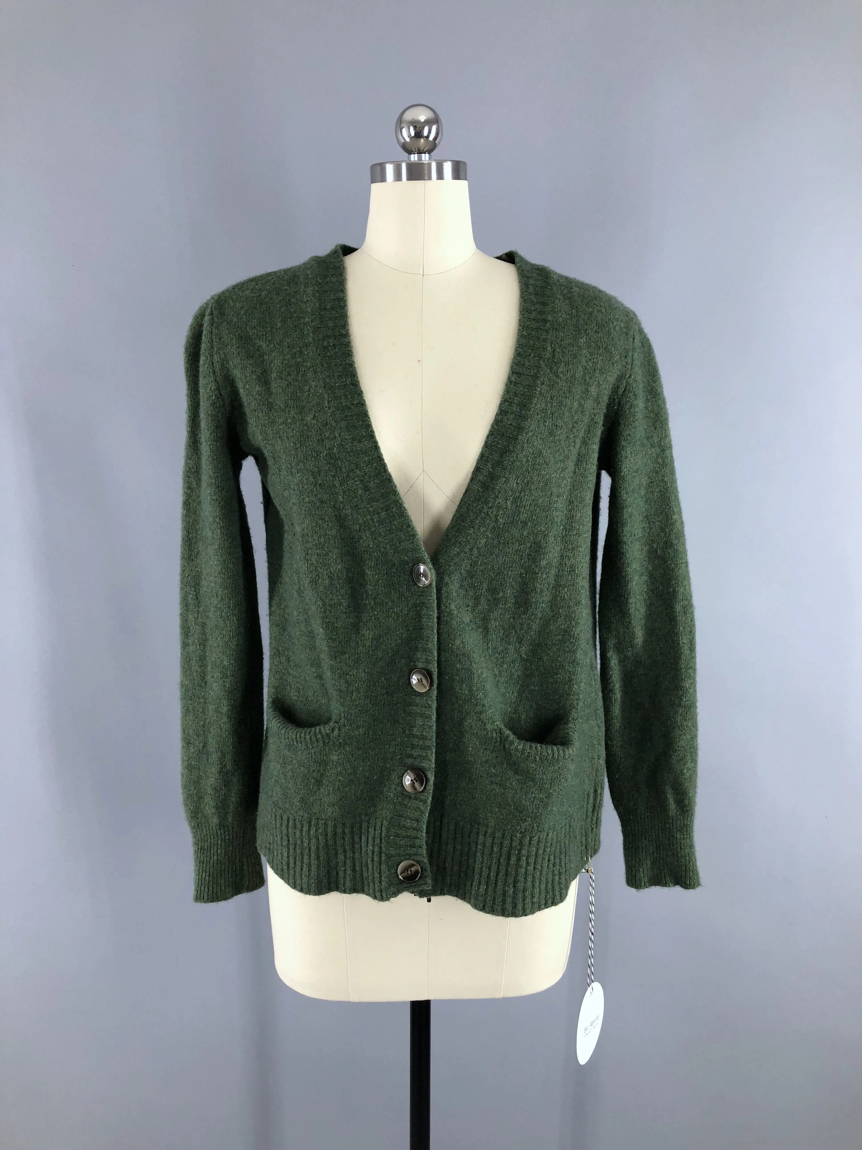 Vintage 1960s Olive Army Green Cashmere Blend Cardigan Sweater