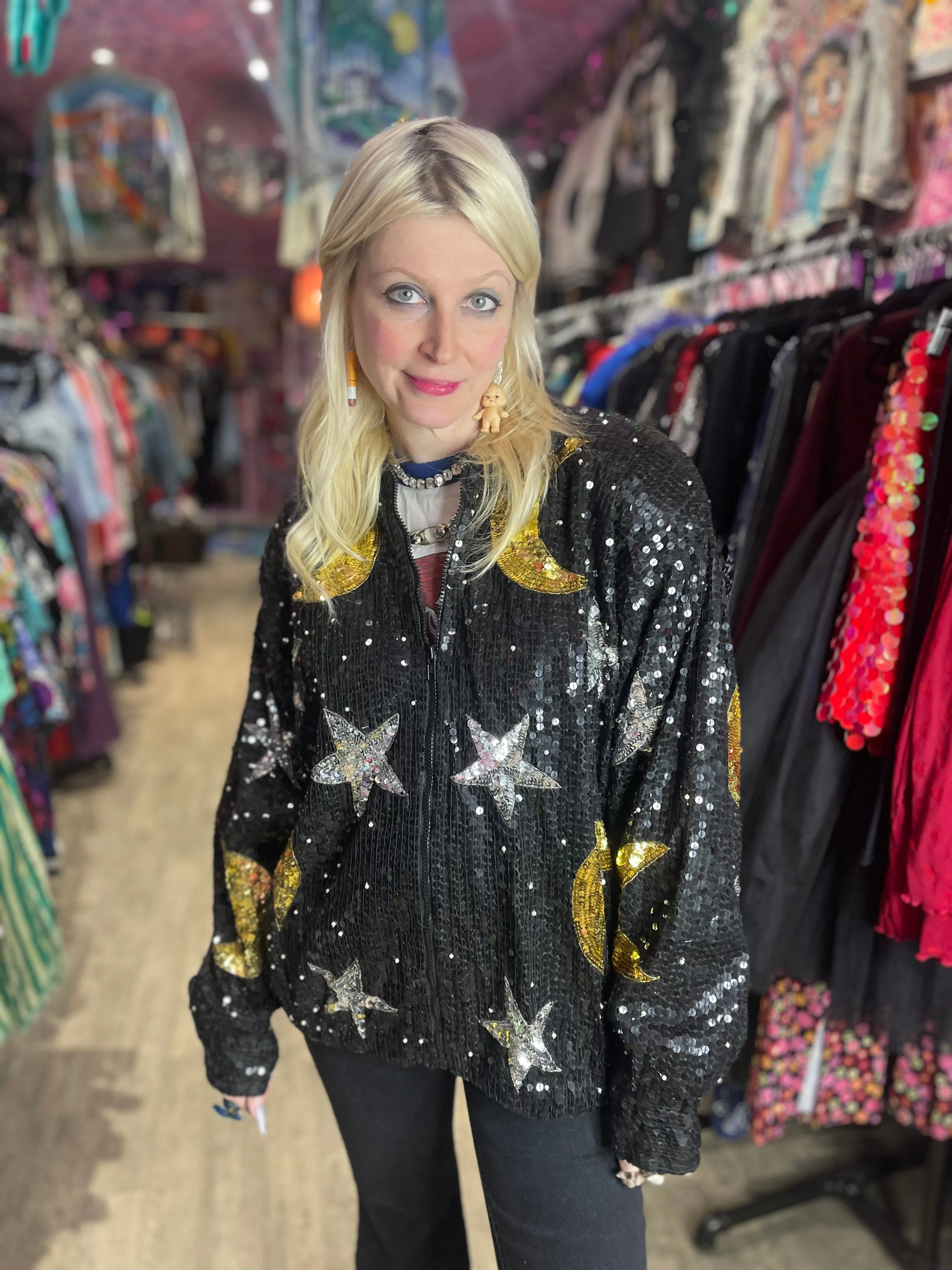 Vintage 90’s Sequin Celestial Pearl Beaded Bomber Jacket