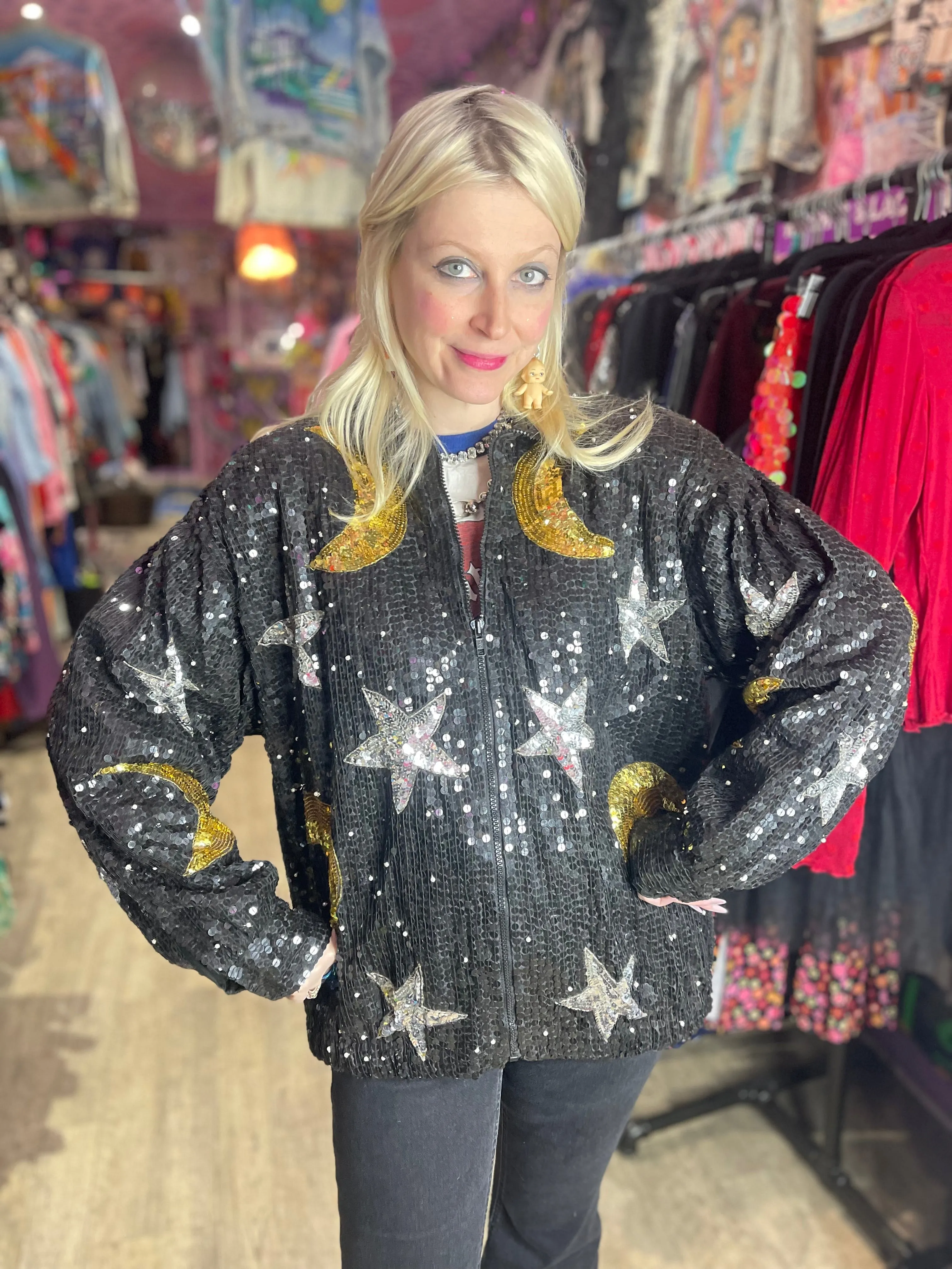 Vintage 90’s Sequin Celestial Pearl Beaded Bomber Jacket