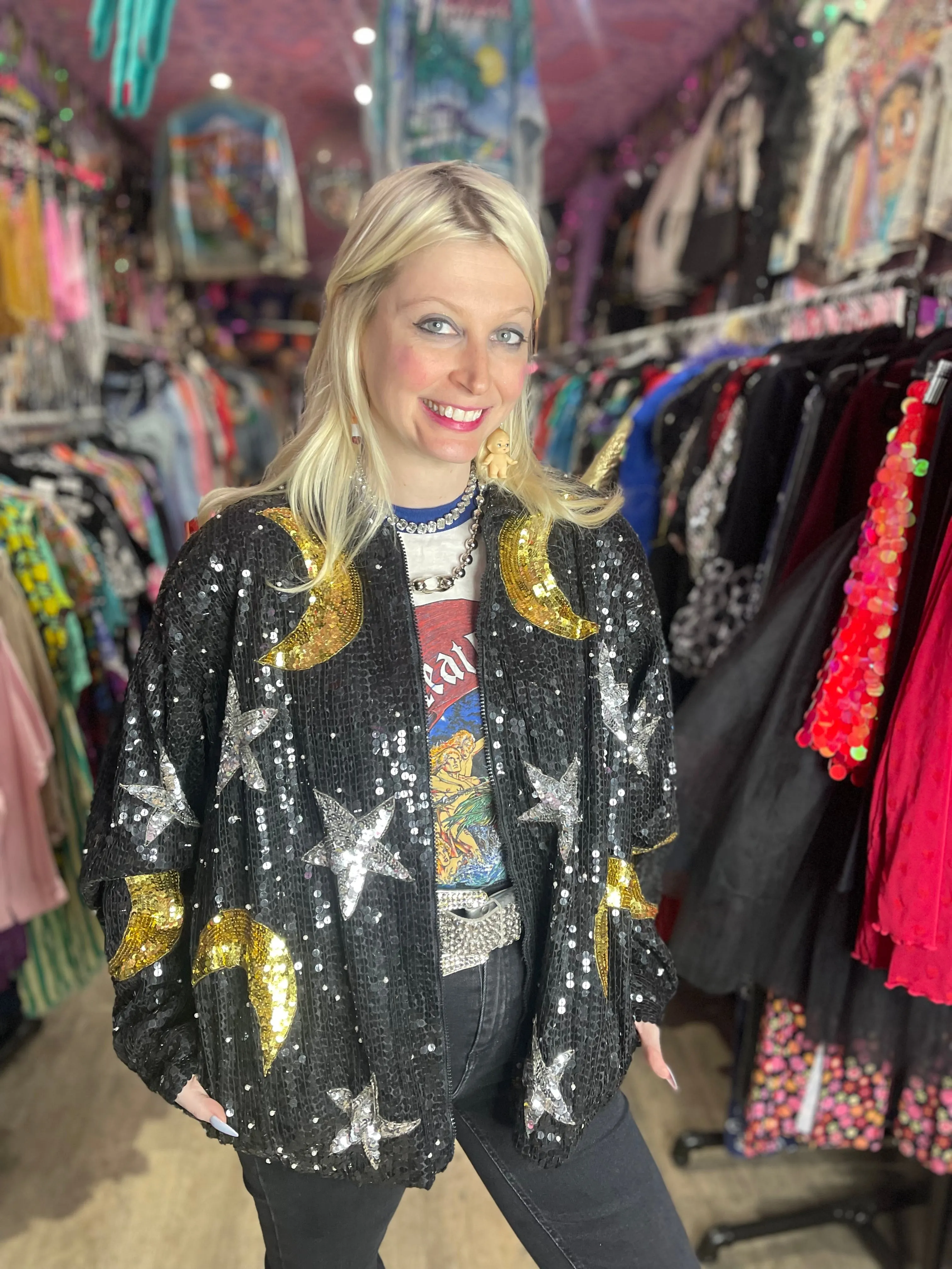 Vintage 90’s Sequin Celestial Pearl Beaded Bomber Jacket