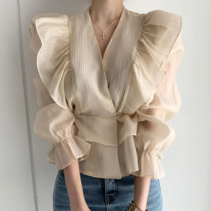 Wenkouban Fashion Vintage Chiffon Blouse Women 2023 New Puff Sleeve Ruffles V-Neck Shirt Women Silm Casual Womens Blouses Tops Mujer