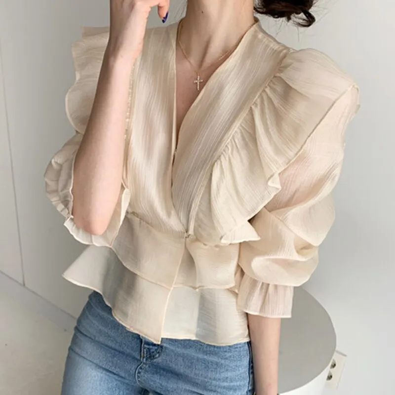 Wenkouban Fashion Vintage Chiffon Blouse Women 2023 New Puff Sleeve Ruffles V-Neck Shirt Women Silm Casual Womens Blouses Tops Mujer