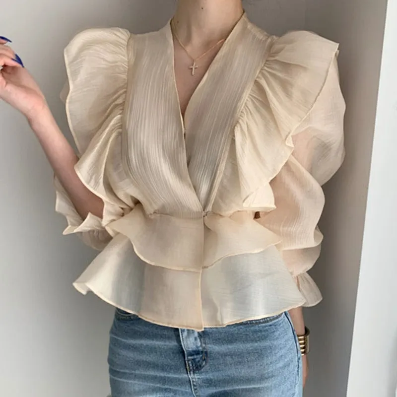 Wenkouban Fashion Vintage Chiffon Blouse Women 2023 New Puff Sleeve Ruffles V-Neck Shirt Women Silm Casual Womens Blouses Tops Mujer