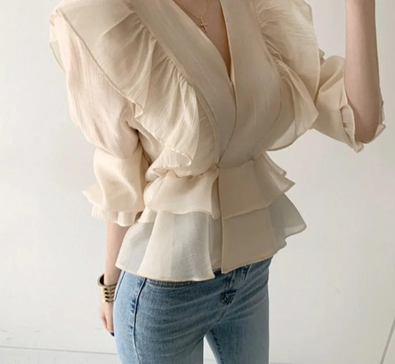 Wenkouban Fashion Vintage Chiffon Blouse Women 2023 New Puff Sleeve Ruffles V-Neck Shirt Women Silm Casual Womens Blouses Tops Mujer