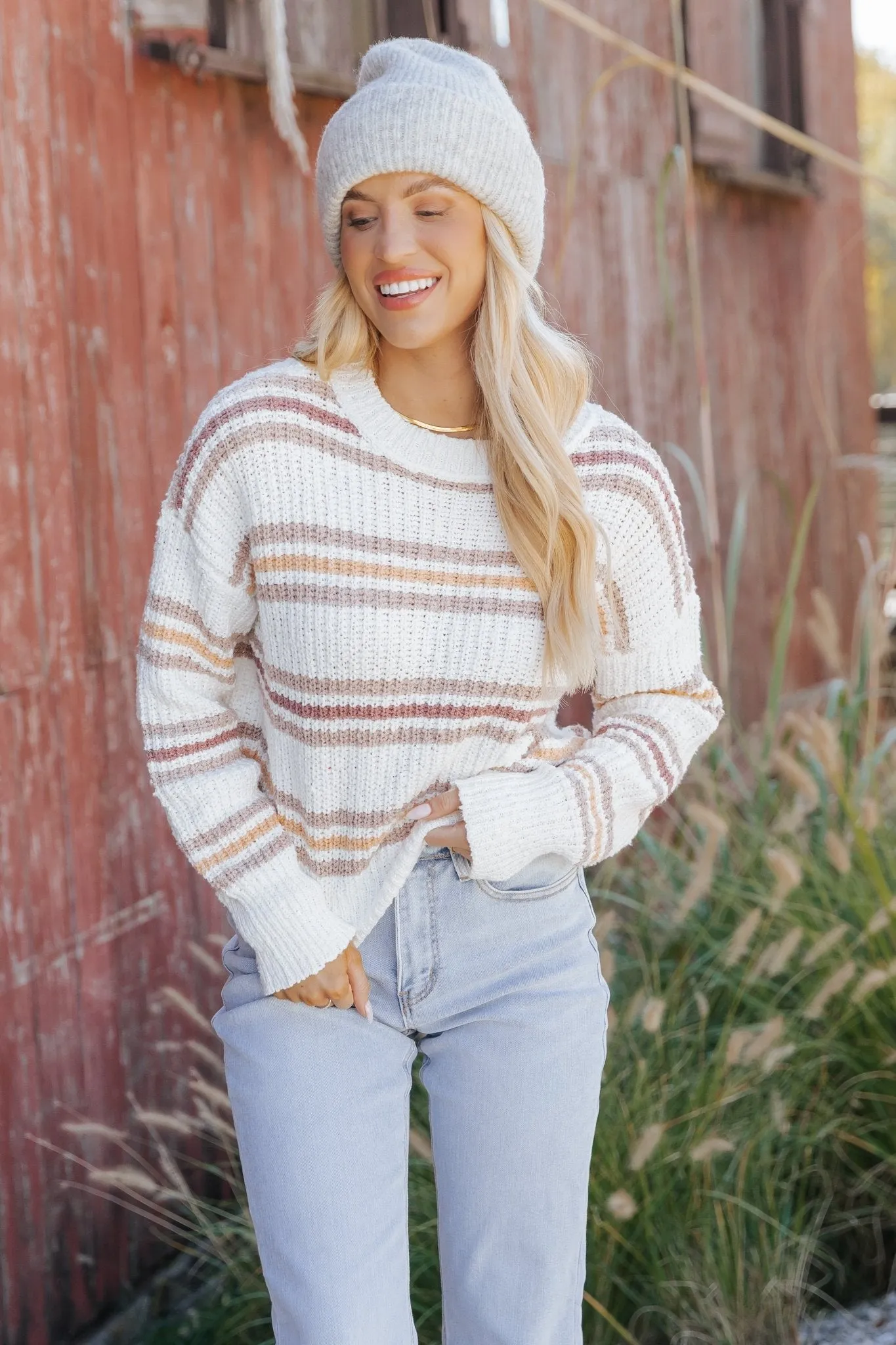 White Multi Stripe Ribbed Sweater