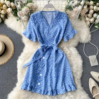 Yeknu Women Lace Up Floral Polka Dot Summer Dress Sexy V Neck Wrap Dress Slim Waist Elegant Boho Ruffles Beach Short Dress Vestido