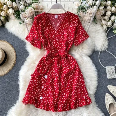 Yeknu Women Lace Up Floral Polka Dot Summer Dress Sexy V Neck Wrap Dress Slim Waist Elegant Boho Ruffles Beach Short Dress Vestido