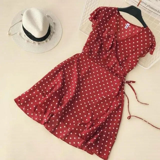 Yeknu Women Lace Up Floral Polka Dot Summer Dress Sexy V Neck Wrap Dress Slim Waist Elegant Boho Ruffles Beach Short Dress Vestido