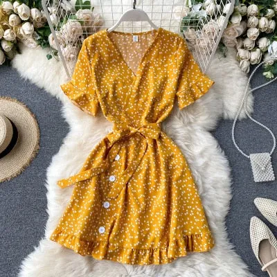 Yeknu Women Lace Up Floral Polka Dot Summer Dress Sexy V Neck Wrap Dress Slim Waist Elegant Boho Ruffles Beach Short Dress Vestido