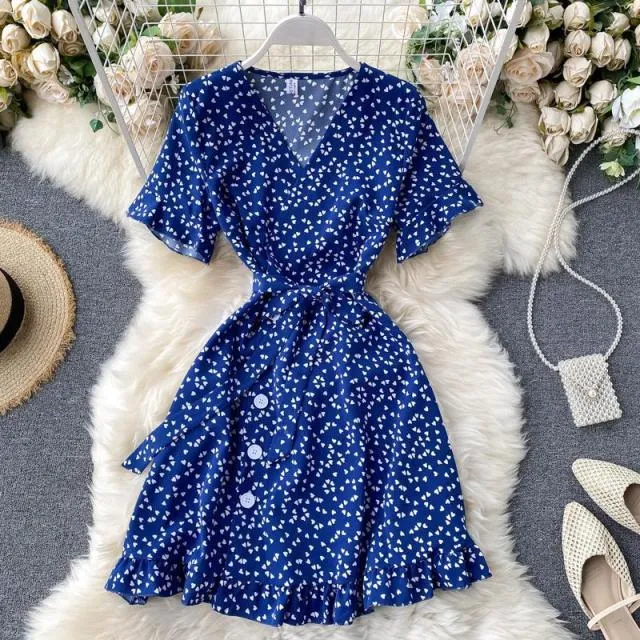 Yeknu Women Lace Up Floral Polka Dot Summer Dress Sexy V Neck Wrap Dress Slim Waist Elegant Boho Ruffles Beach Short Dress Vestido