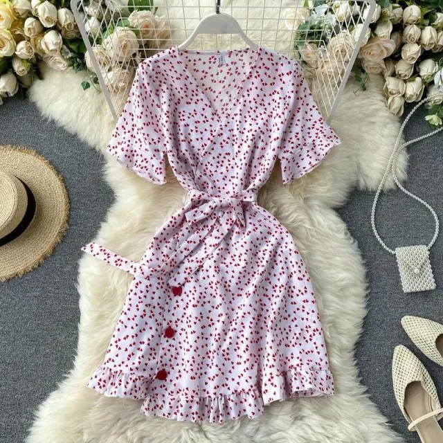 Yeknu Women Lace Up Floral Polka Dot Summer Dress Sexy V Neck Wrap Dress Slim Waist Elegant Boho Ruffles Beach Short Dress Vestido