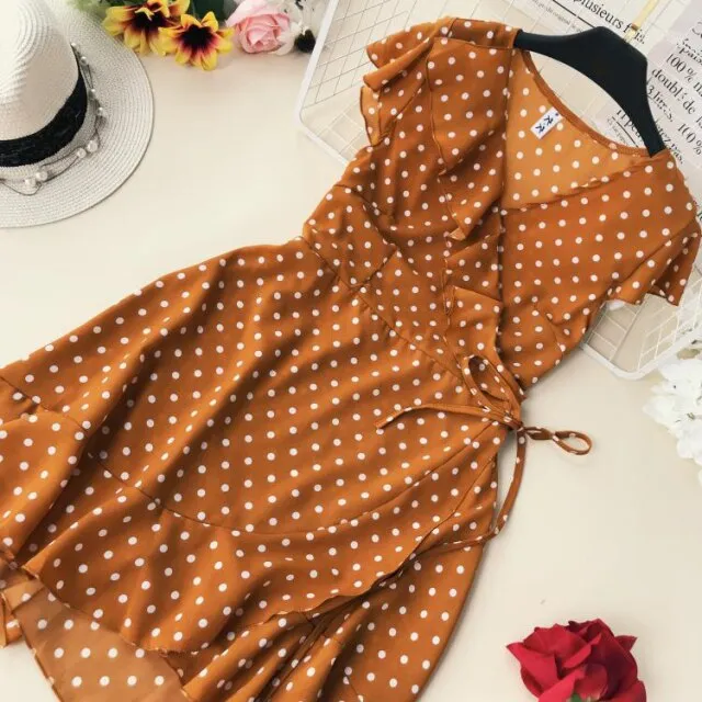 Yeknu Women Lace Up Floral Polka Dot Summer Dress Sexy V Neck Wrap Dress Slim Waist Elegant Boho Ruffles Beach Short Dress Vestido