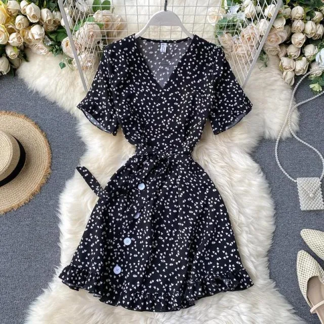 Yeknu Women Lace Up Floral Polka Dot Summer Dress Sexy V Neck Wrap Dress Slim Waist Elegant Boho Ruffles Beach Short Dress Vestido