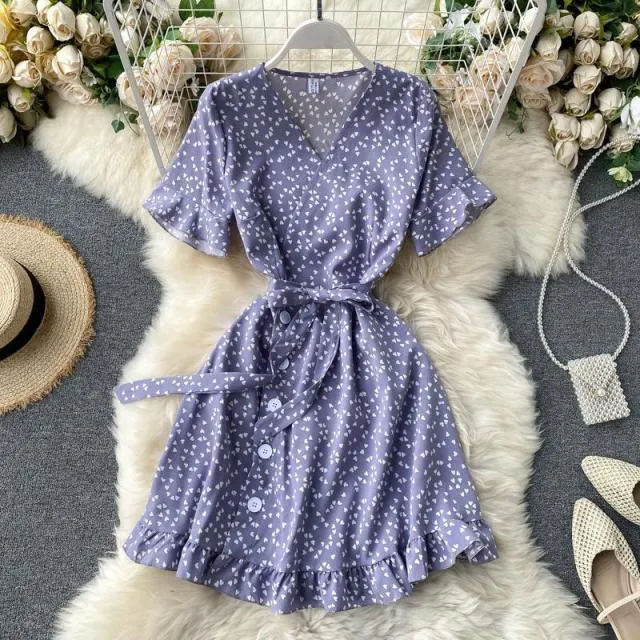 Yeknu Women Lace Up Floral Polka Dot Summer Dress Sexy V Neck Wrap Dress Slim Waist Elegant Boho Ruffles Beach Short Dress Vestido