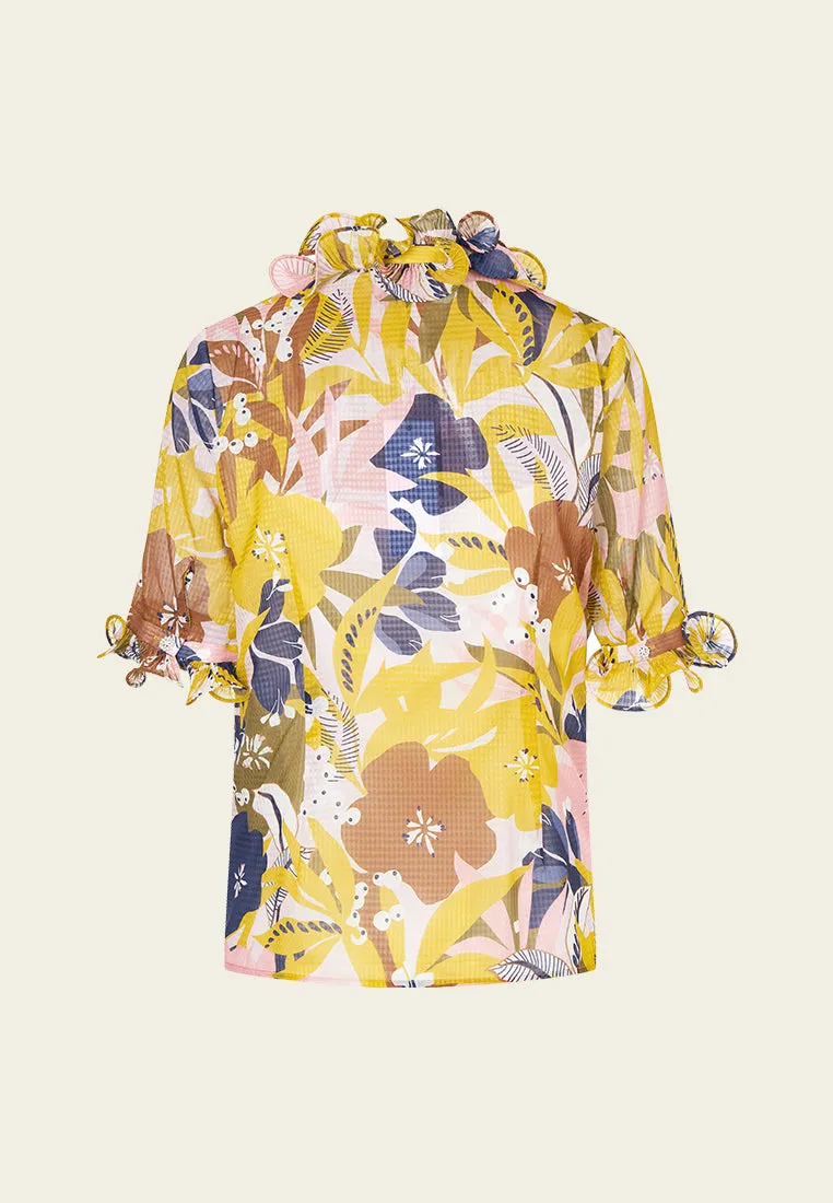 Yellow Floral Print Ruffled Chiffon Blouse