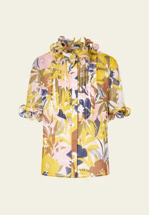 Yellow Floral Print Ruffled Chiffon Blouse